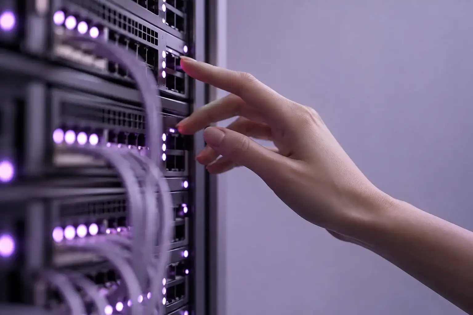 Mano operando un rack de servidores con luces moradas